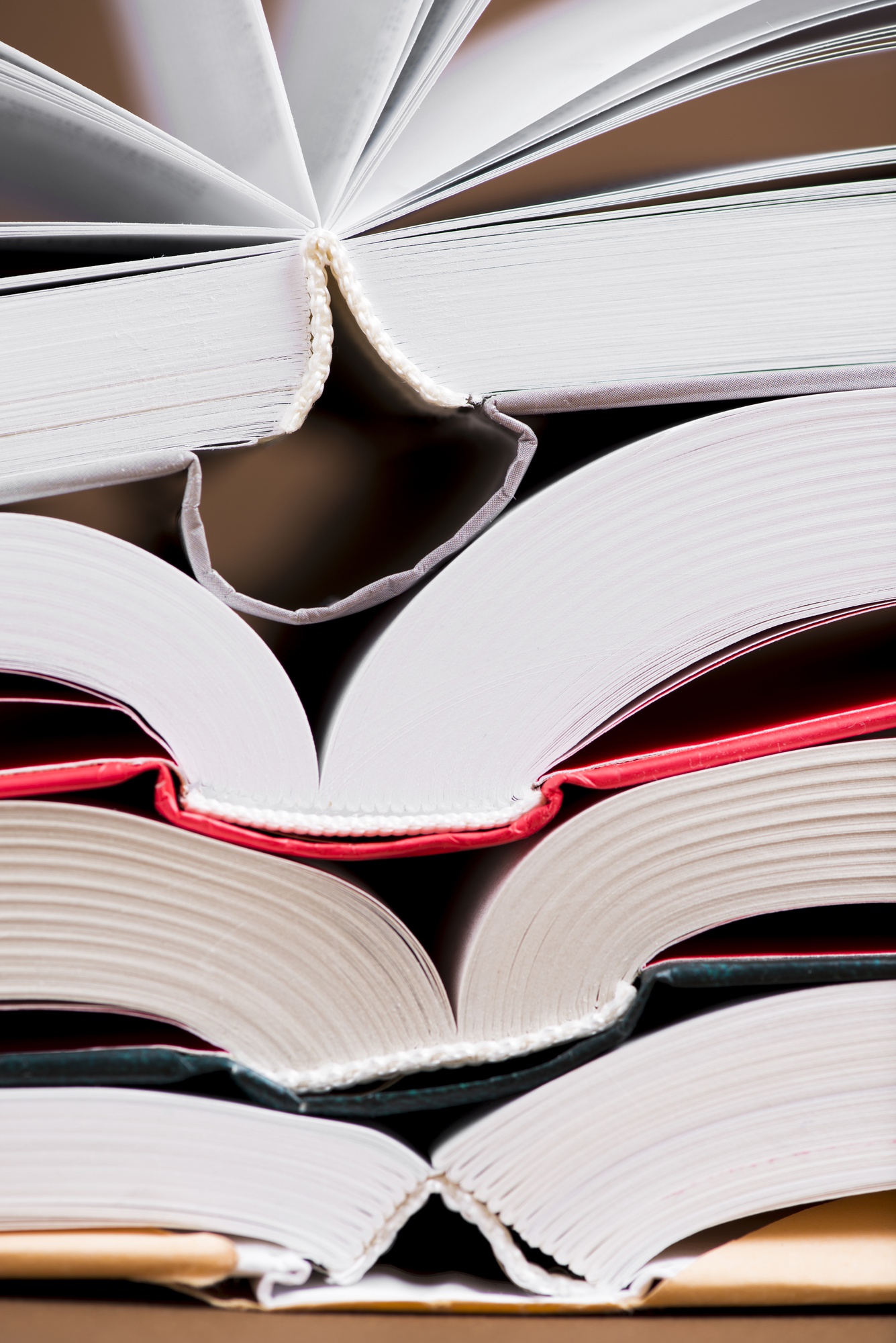 Close-up de várias páginas de livros abertos e empilhados, mostrando o miolo em leque.