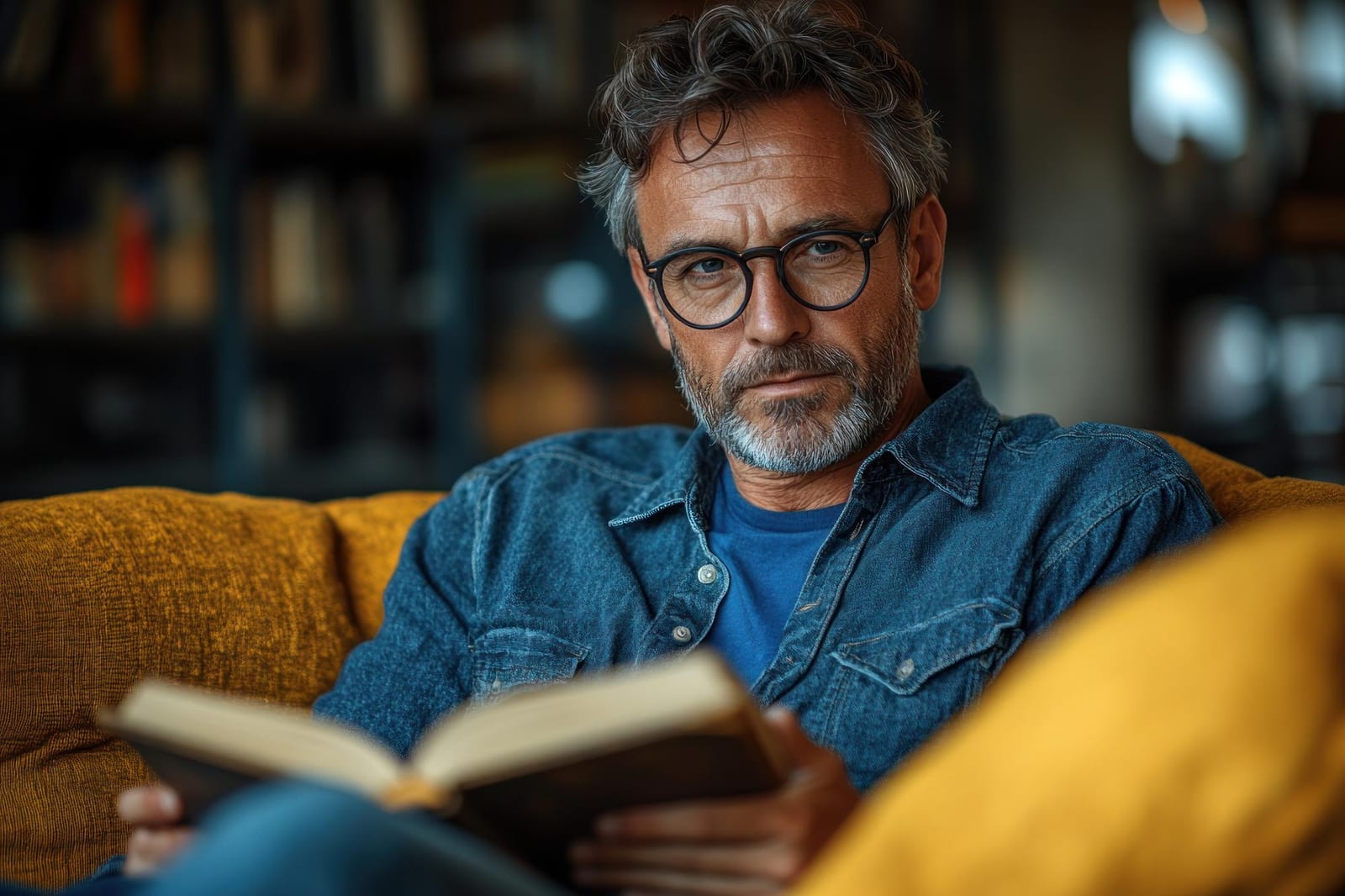 Homem sentado em sofá amarelo, lendo um livro, com uma estante de livros desfocada ao fundo.